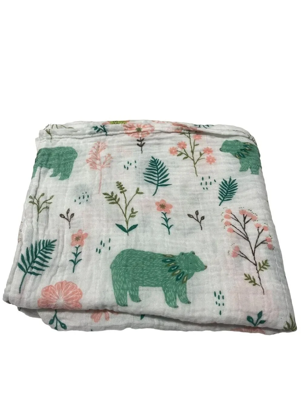 Green Bear Pink Flowers Muslin Swaddle Baby Blanket